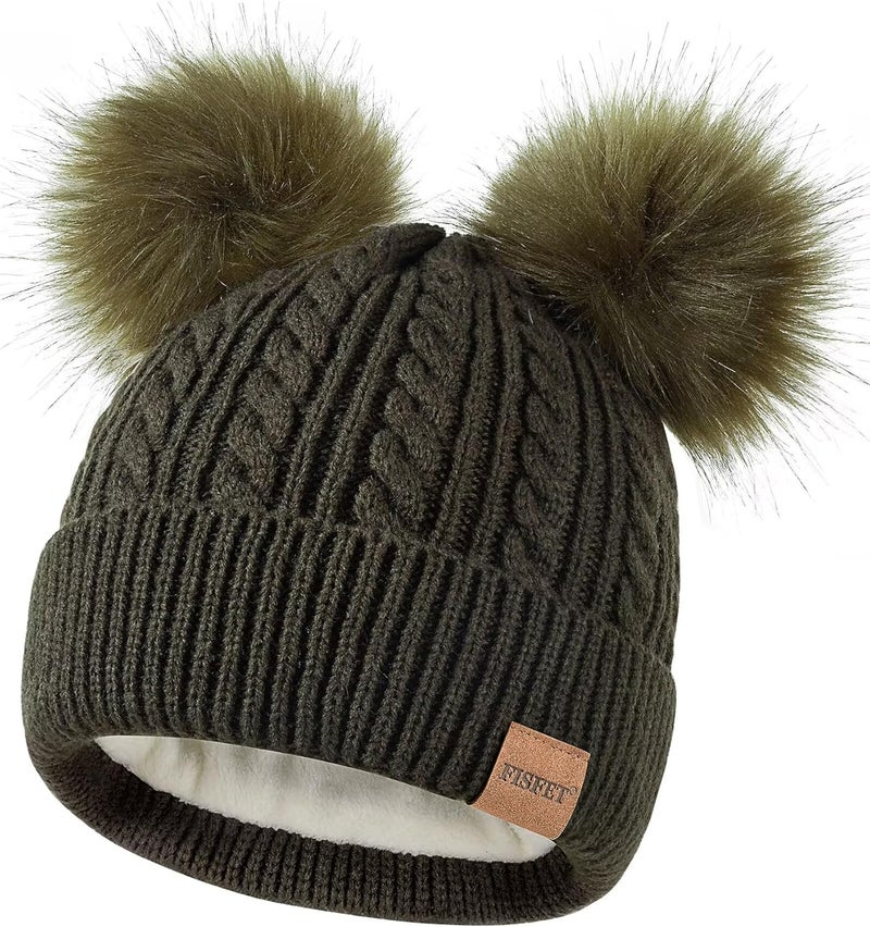 FISFET Beanies Women with Double Pom Pom, Winter Hats for Women Cold Weather Warm Knit Fleece Lined, Cute Beanie Cap - Image 1